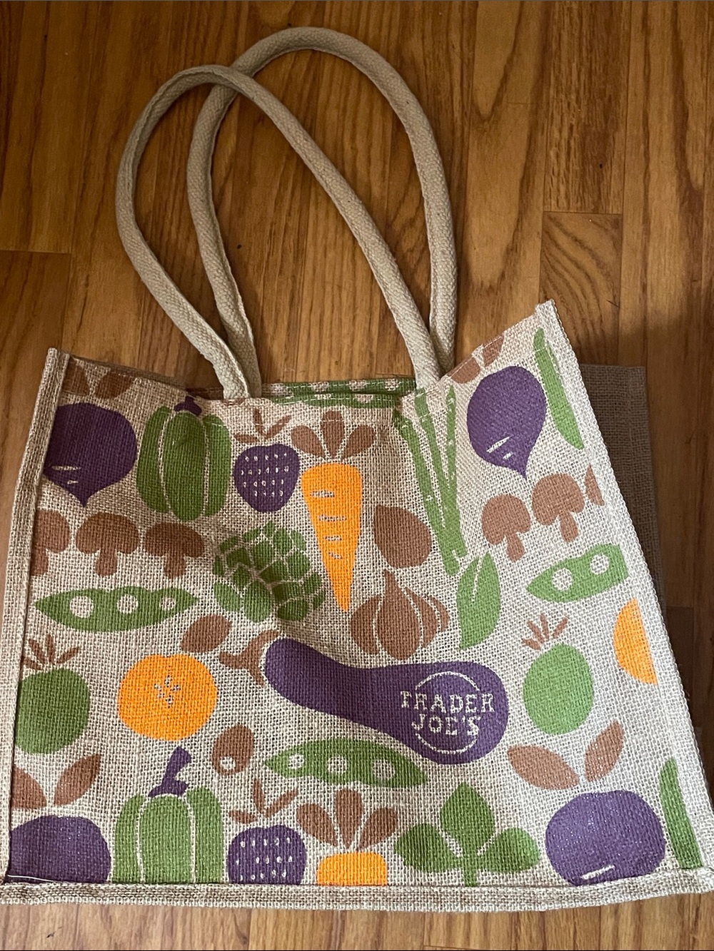 Trader Joe's Jute Cotton Burlap Fruits Vegetables Eggplant Expands Tote Bag